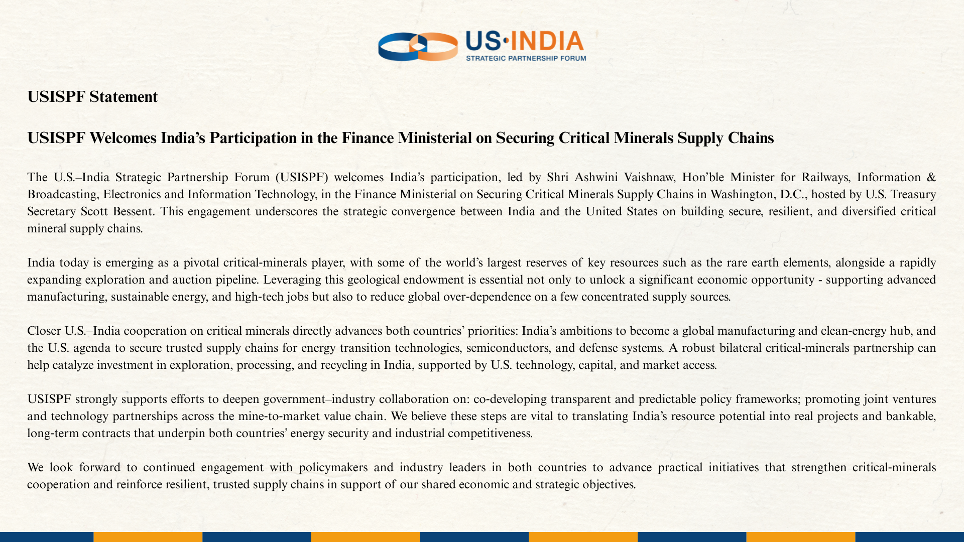 USISPF Welcomes India’s Participation in the Finance Ministerial on Securing Critical Minerals Supply Chains