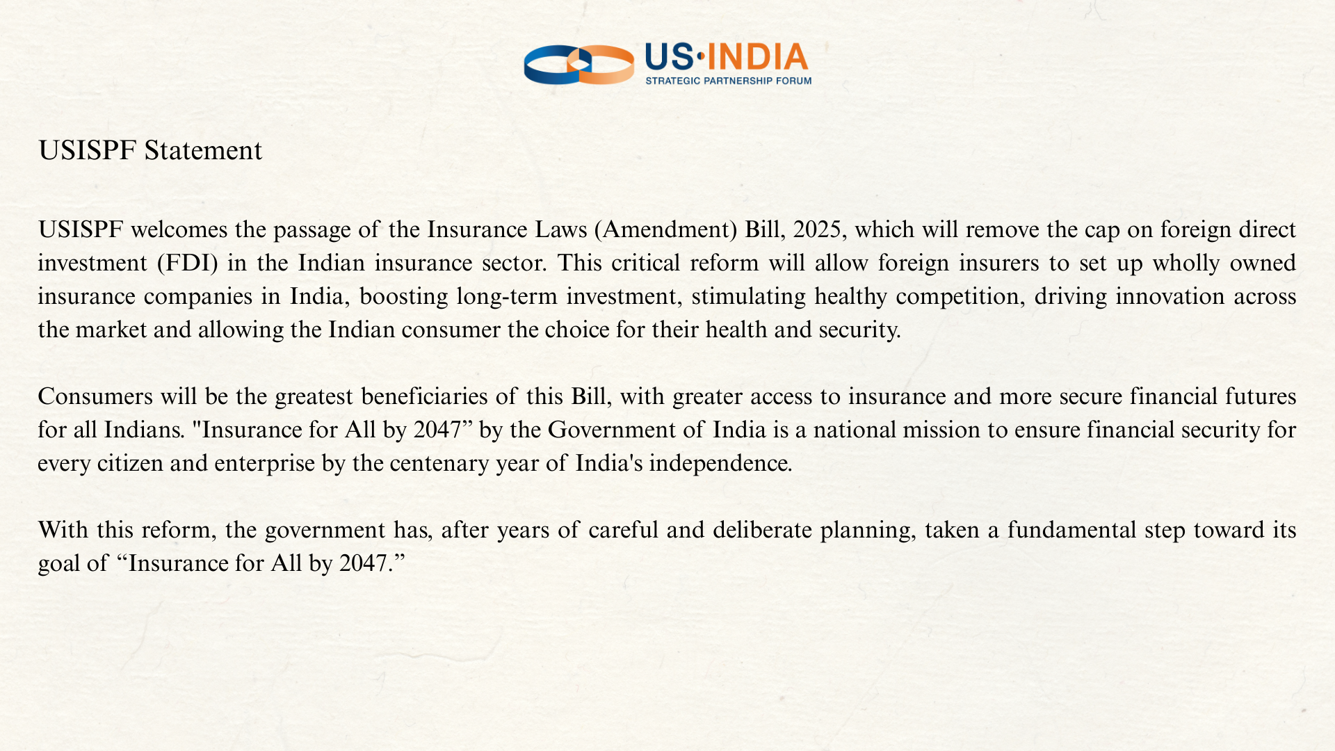 USISPF Statement on The Insurance Laws (Amendment) Bill, 2025